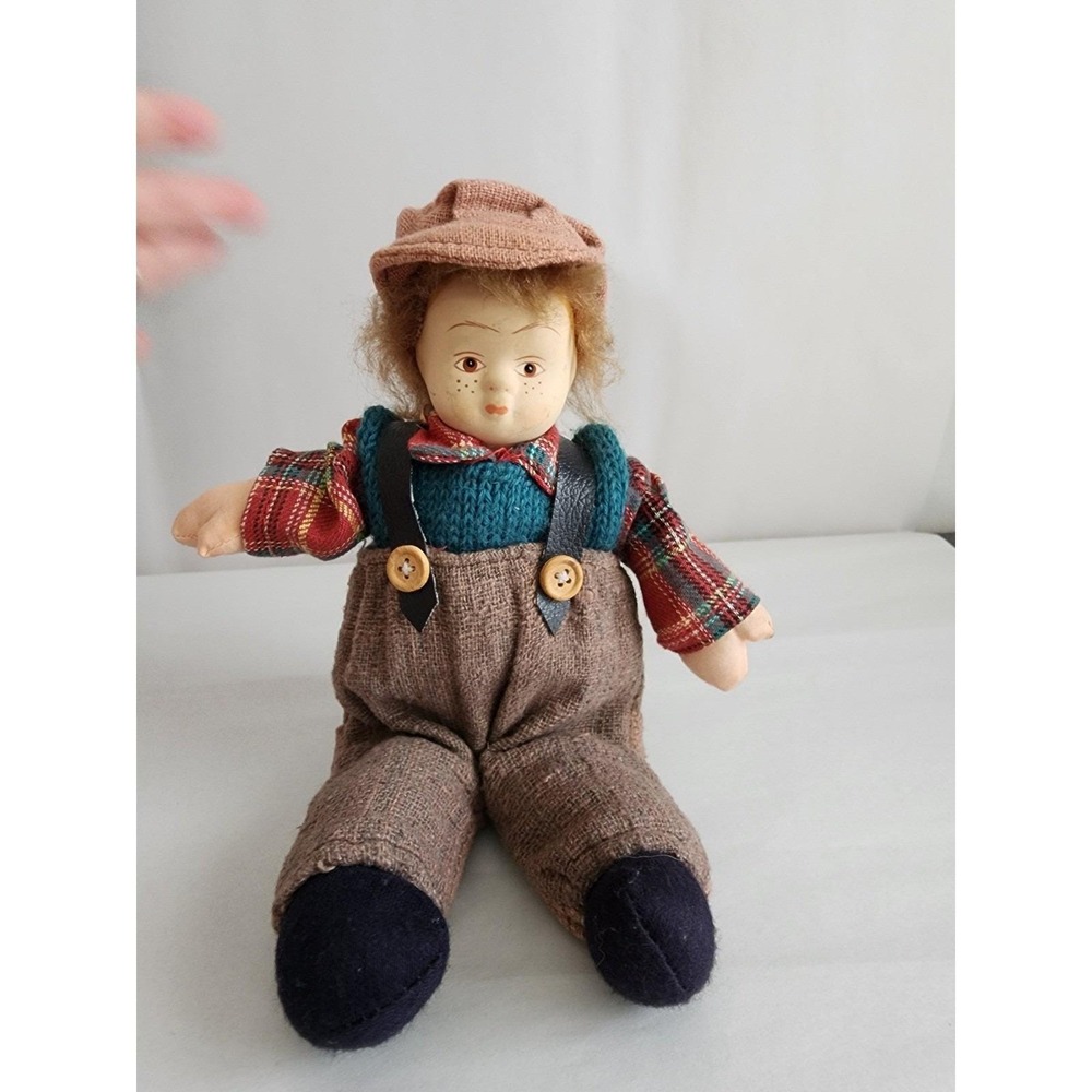 Vintage Porcelain Boy Doll Freckles Plaid Shirt Overalls Newsboy Cap 7 Inch